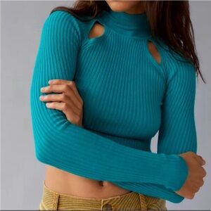 Urban Outfitters Ribbed Cutout Turtleneck Long Sleev Top Teal S Cropped NWT